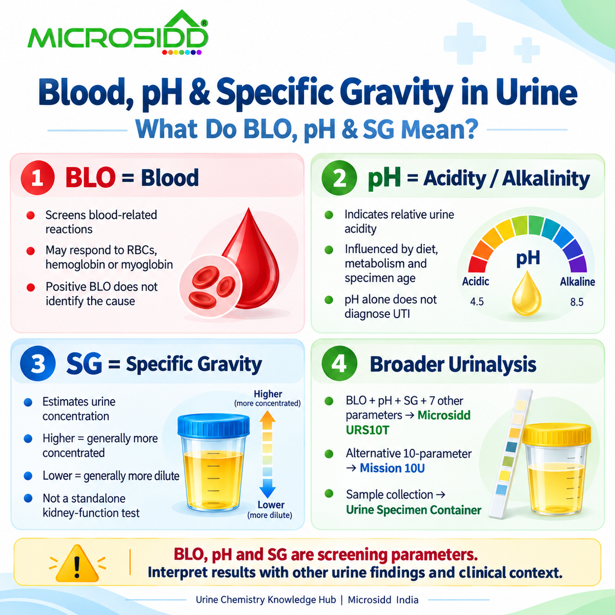 Blood pH and specific gravity in urine infographic explaining BLO pH SG urine test strip parameters