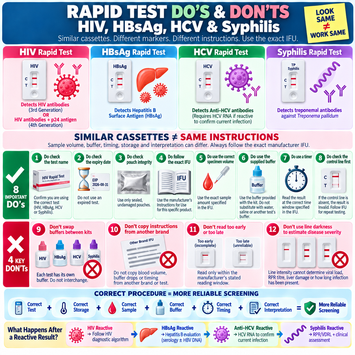 HIV HBsAg HCV syphilis rapid test dos and donts infographic showing storage sample handling correct buffer timing control line invalid results and common rapid test errors