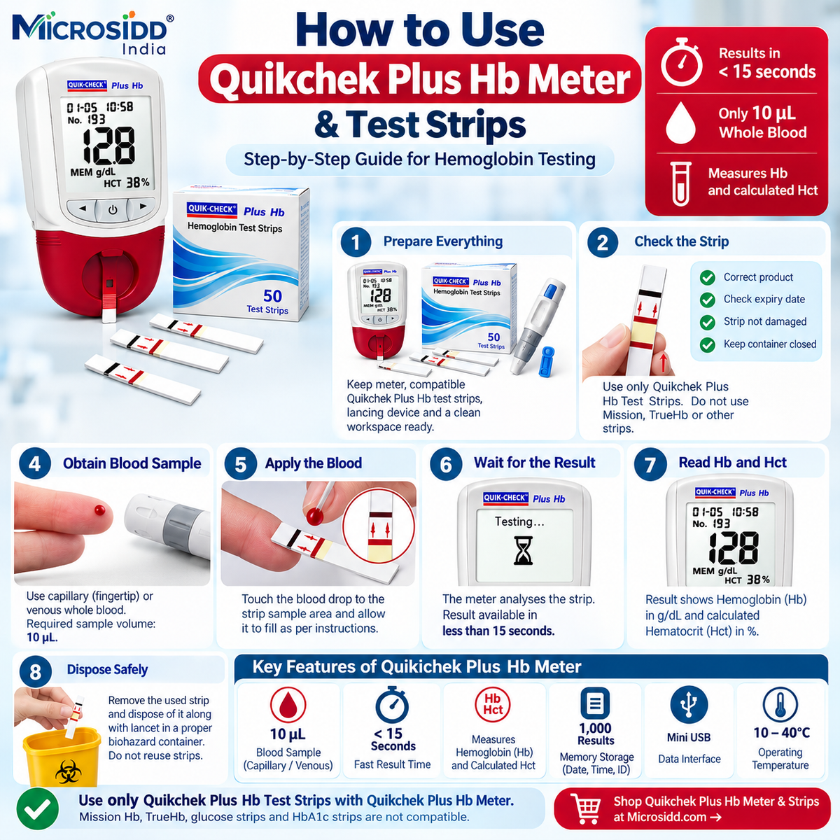 How to use Quikchek Plus Hb Meter and hemoglobin test strips step by step