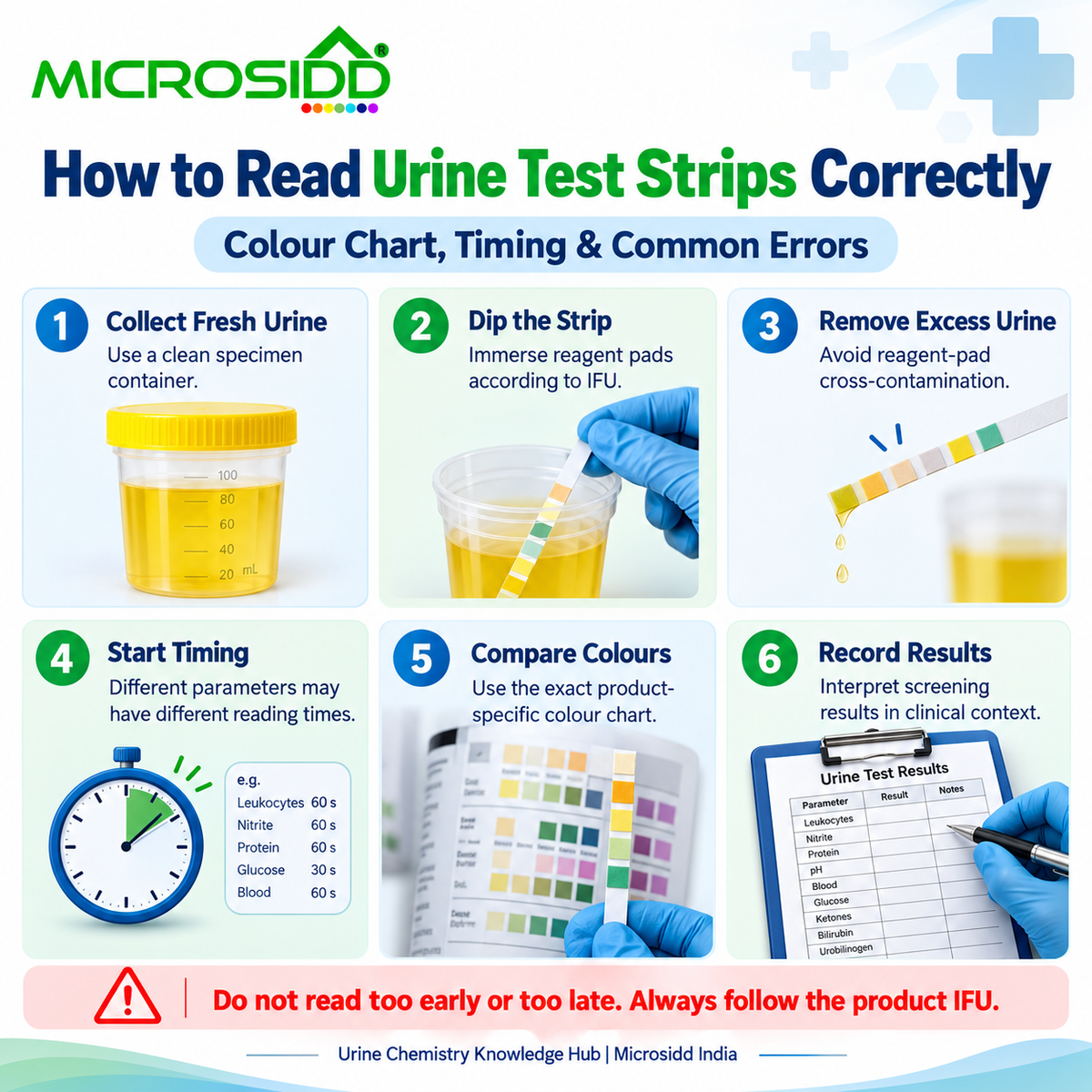How to read urine test strips correctly infographic showing urine collection dipping timing colour chart and result interpretation