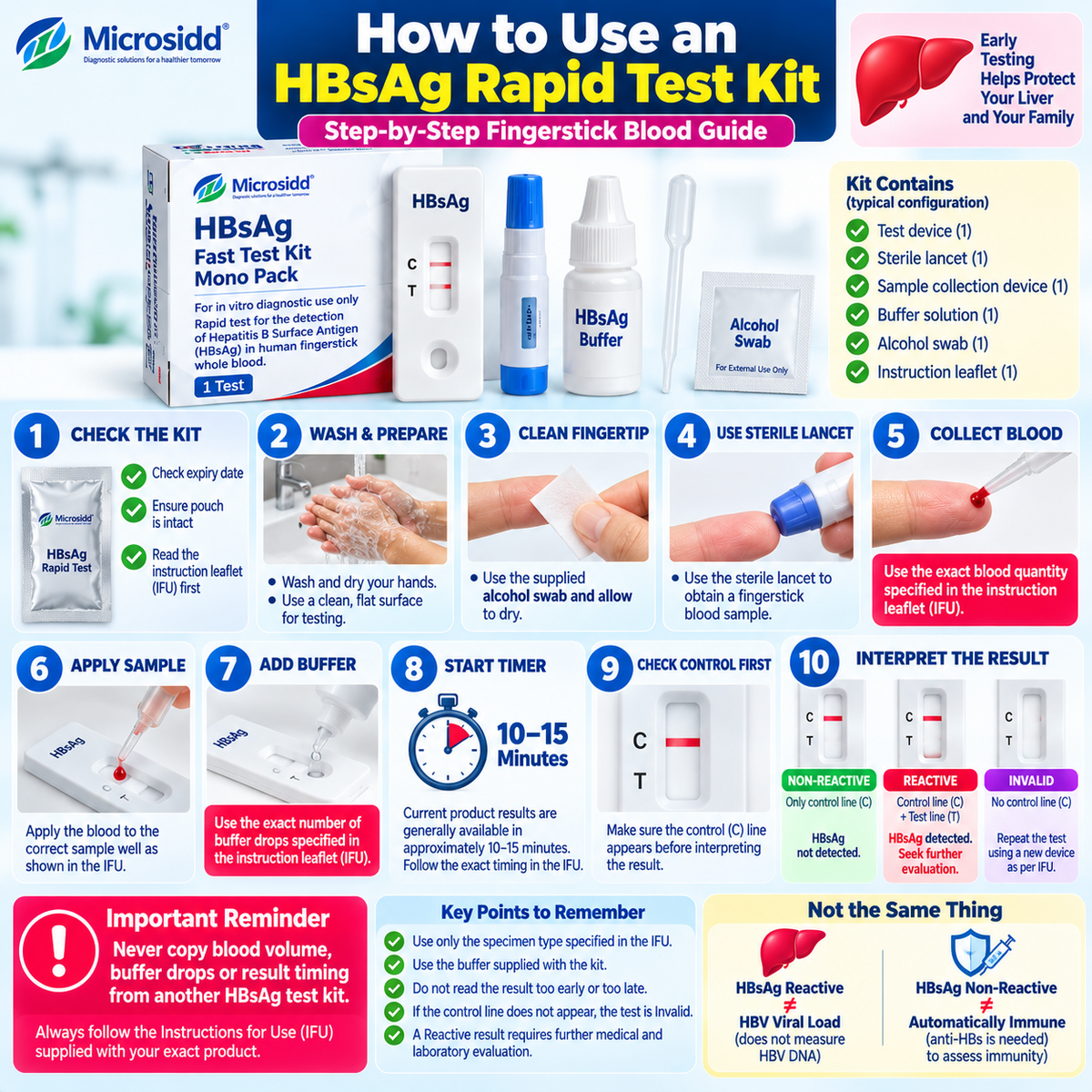 How to use HBsAg rapid test kit step by step fingerstick blood sample buffer timing Reactive Non-Reactive and Invalid result guide