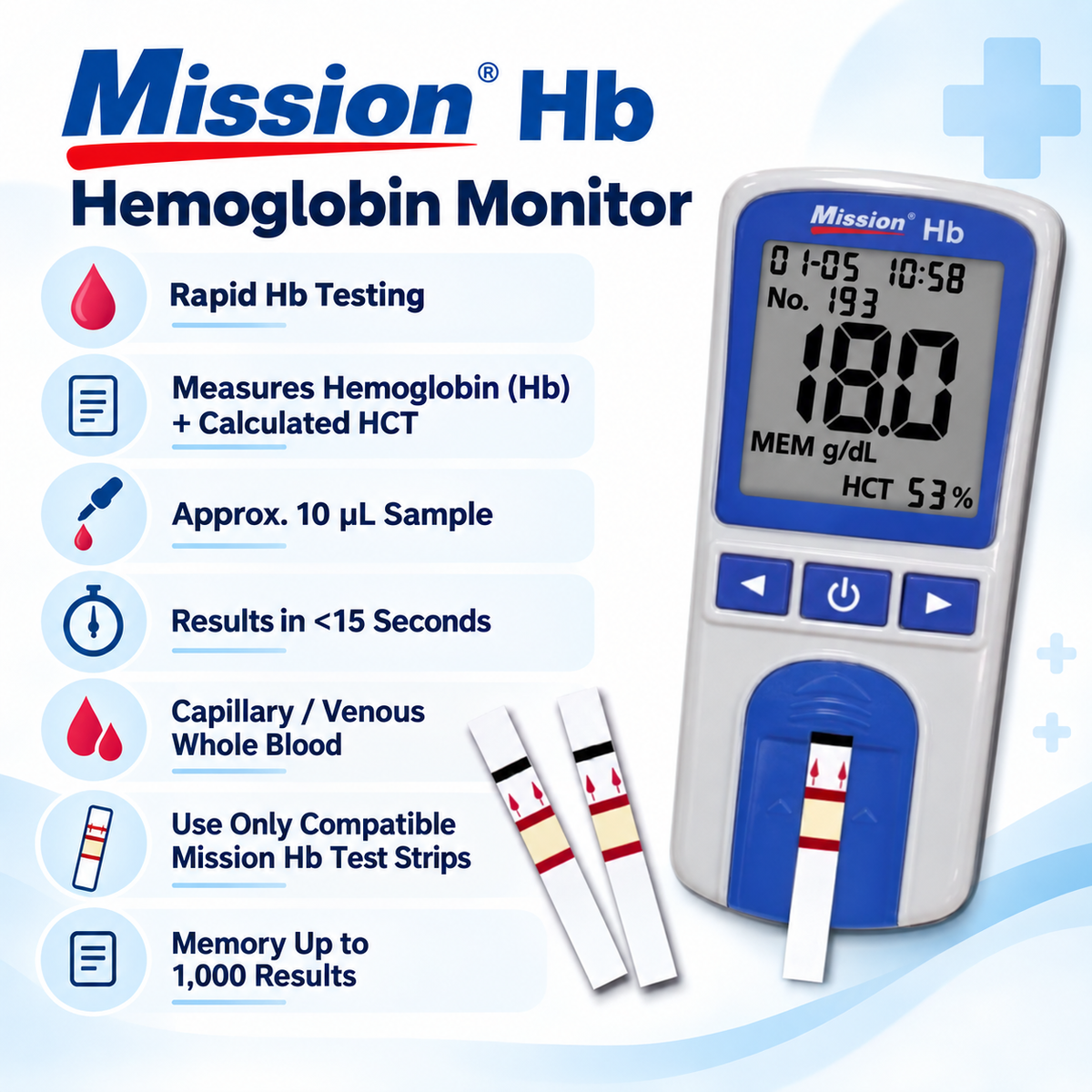 Mission Hemoglobin Monitor and Hb test strips complete guide for hemoglobin and hematocrit testing