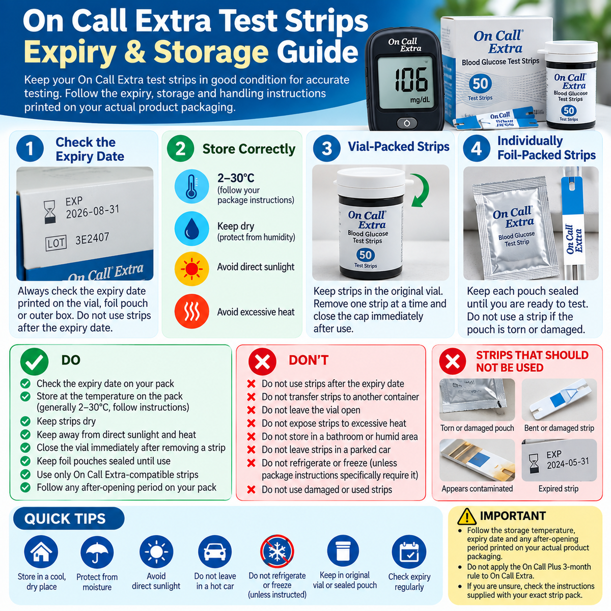 On Call Extra test strips expiry storage vial and individually foil packed strips handling guide