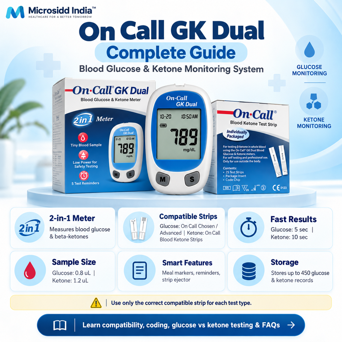 On Call GK Dual blood glucose and ketone monitor complete guide with compatible glucose and ketone test strips
