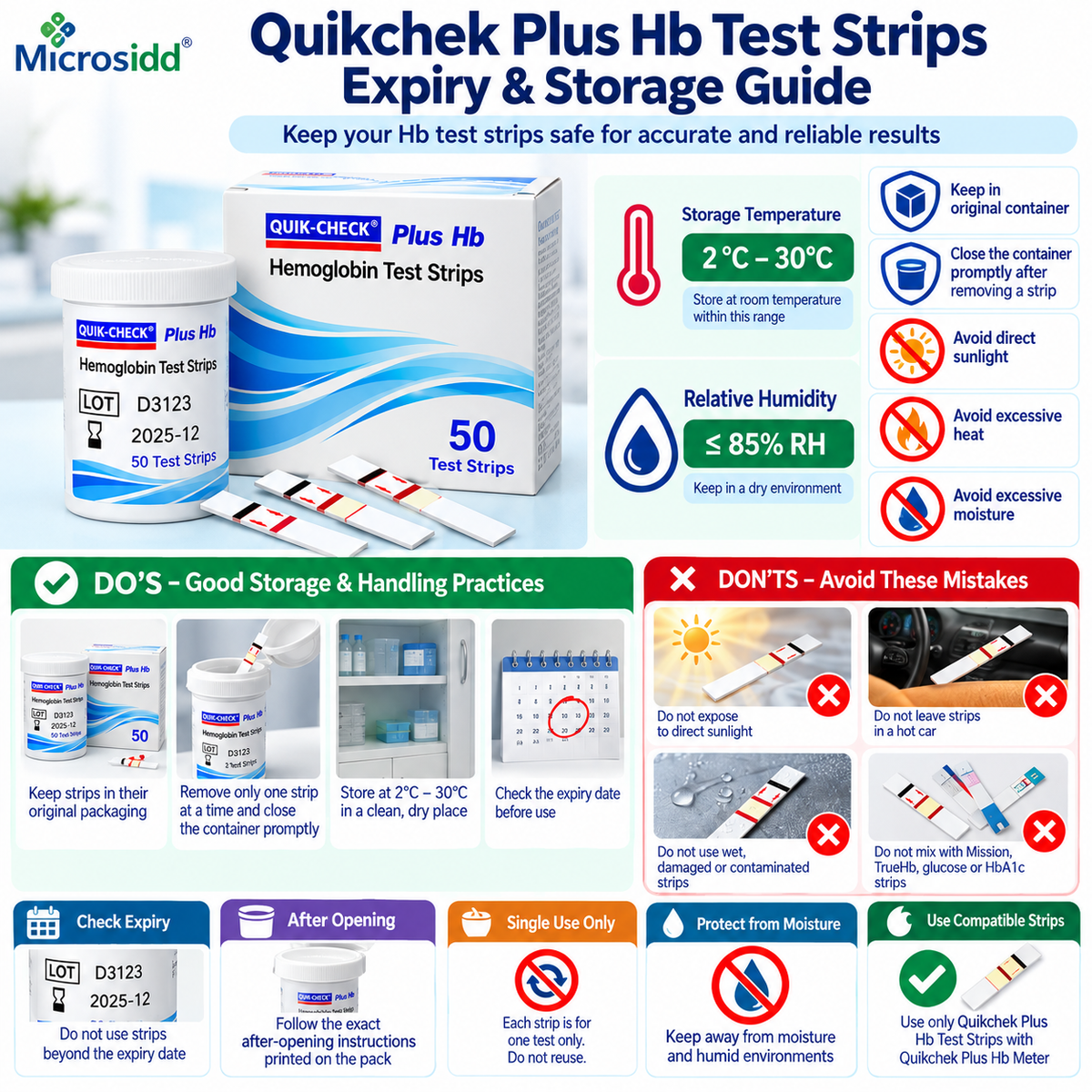 Quikchek Plus Hb test strips expiry and storage guide showing temperature handling and strip container
