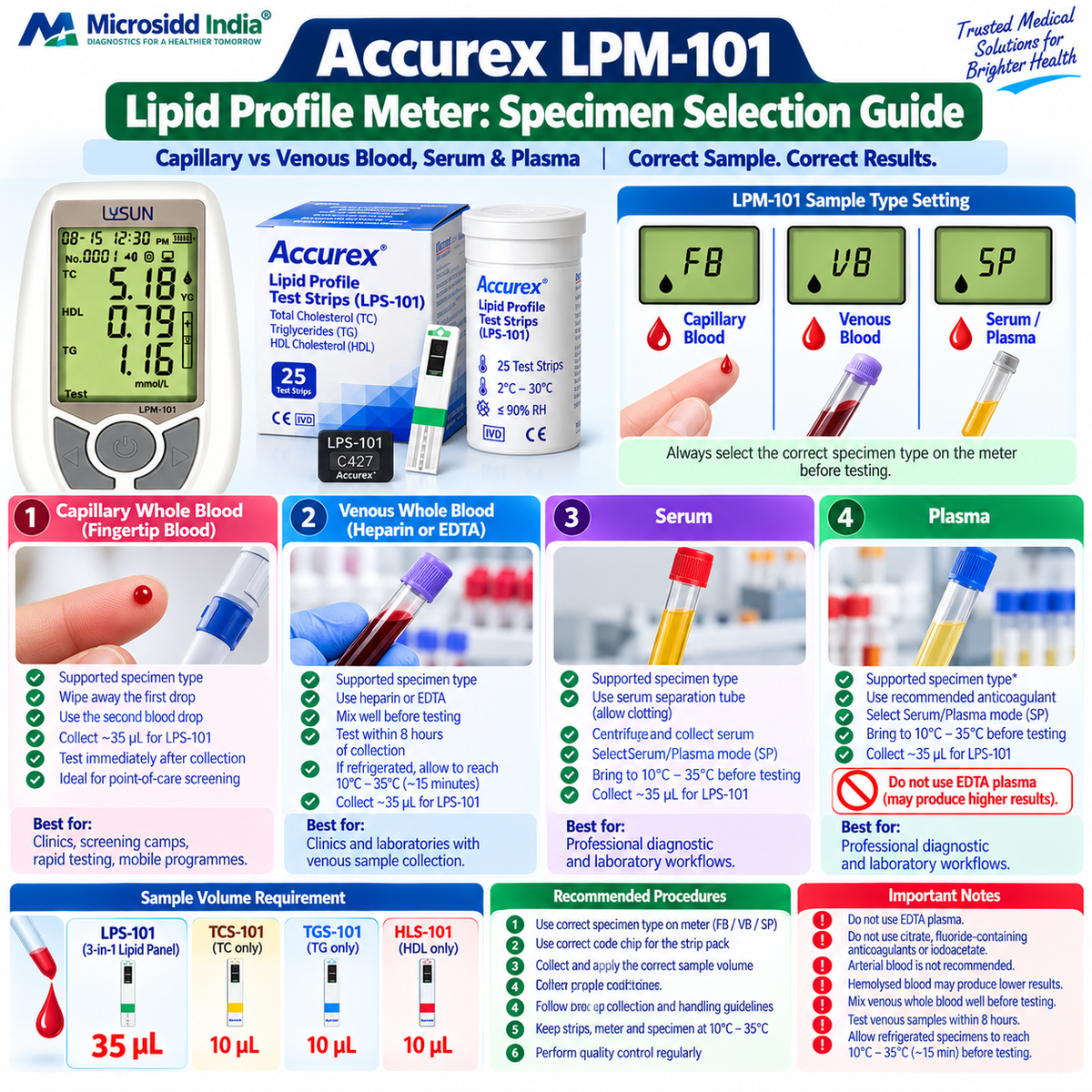 Accurex LPM-101 lipid profile meter capillary vs venous blood serum and plasma guide showing specimen types 35 microlitre sample and correct sample selection
