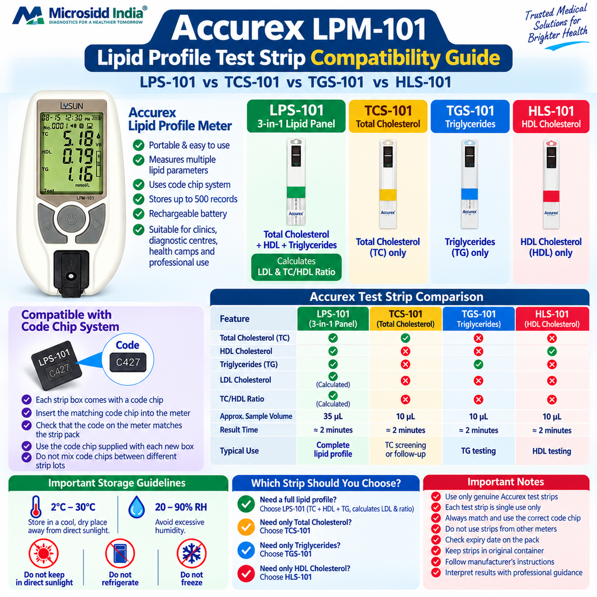 Accurex lipid profile test strip compatibility guide comparing LPS-101 TCS-101 TGS-101 and HLS-101 for total cholesterol HDL triglycerides and calculated LDL