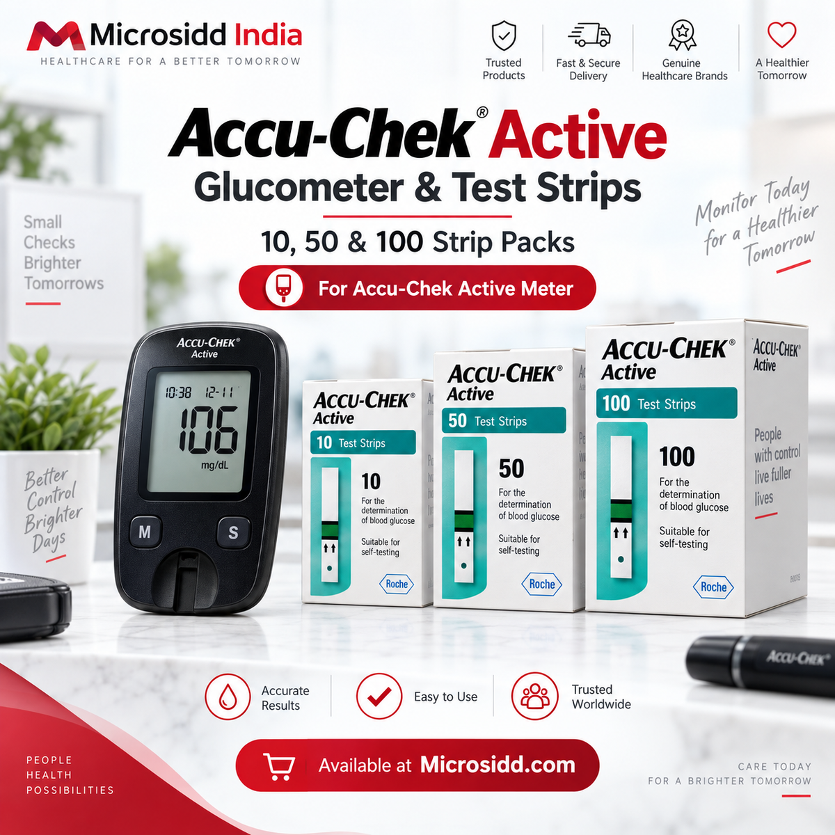 Accu-Chek Active Glucometer & Test Strips | 10, 50 & 100 | Microsidd