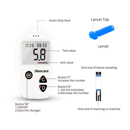 Sinocare Safe-Accu Glucometer | Code-Free Blood Glucose Monitor with 200 Memory, 10s Results & 0.6µL Sample