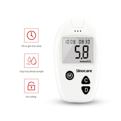 Sinocare Safe-Accu Glucometer | Code-Free Blood Glucose Monitor with 200 Memory, 10s Results & 0.6µL Sample