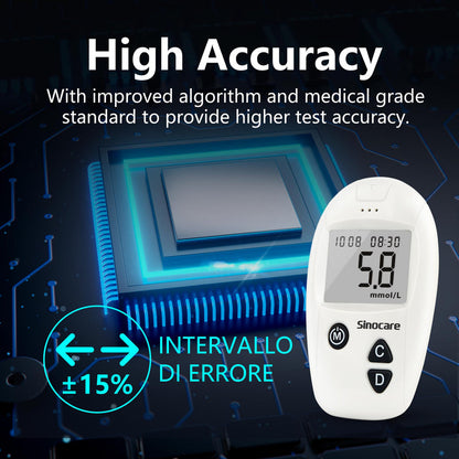 Sinocare Safe-Accu Glucometer | Code-Free Blood Glucose Monitor with 200 Memory, 10s Results & 0.6µL Sample