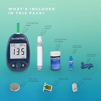 On Call Plus Glucometer Kit by On-Call | Blood Glucose Monitoring System with 10 Test Strips, 10 Lancets & Lancing Device
