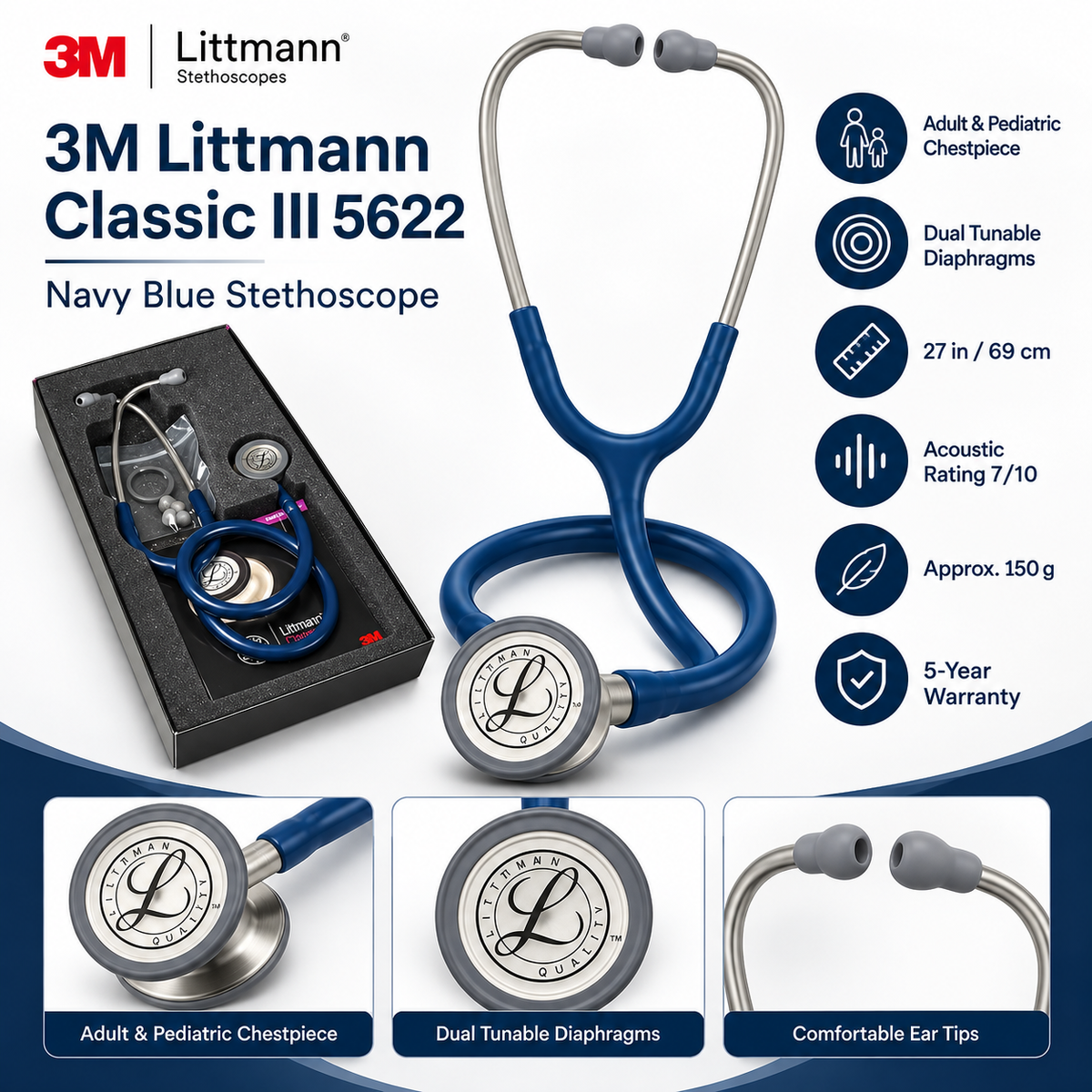 3M Littmann Classic III 5622 Stethoscope – Navy Blue