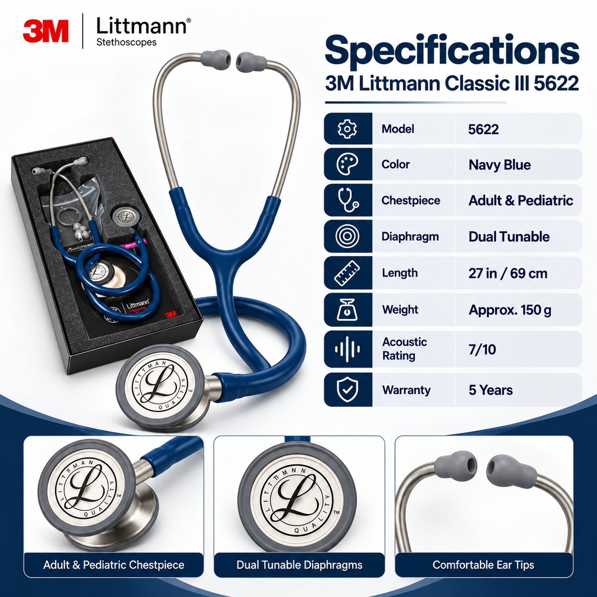 3M Littmann Classic III 5622 Stethoscope – Navy Blue