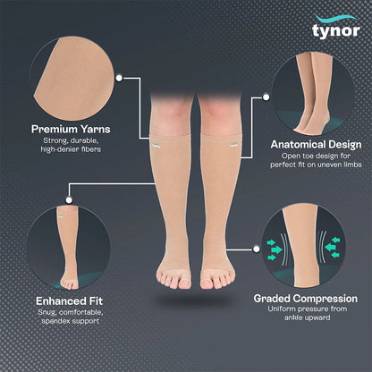 Tynor Compression Stockings Knee High Support I67 (Class 2) | Medical Graduated Compression Stockings for Varicose Veins, Swelling & DVT Prevention (Pair)