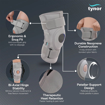 Tynor Hinged Neoprene Knee Support Grey J01 | Adjustable Knee Brace with Side Hinges | Sizes S, M, L, XL, XXL