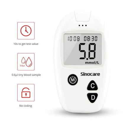 Sinocare Safe Accu Glucometer Kit | Code-Free Blood Glucose Monitor with 200 Memory, 10-Second Results & Large Display