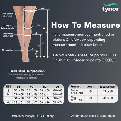 Tynor Compression Stockings Knee High Support I67 (Class 2) | Medical Graduated Compression Stockings for Varicose Veins, Swelling & DVT Prevention (Pair)