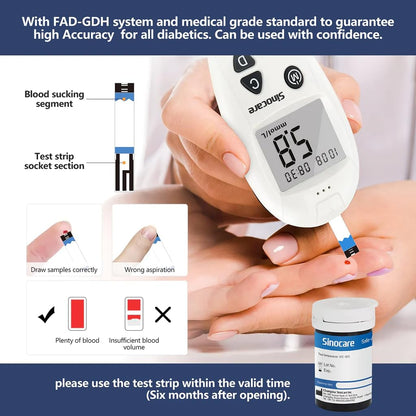 Sinocare Safe Accu Glucometer Kit | Code-Free Blood Glucose Monitor with 200 Memory, 10-Second Results & Large Display