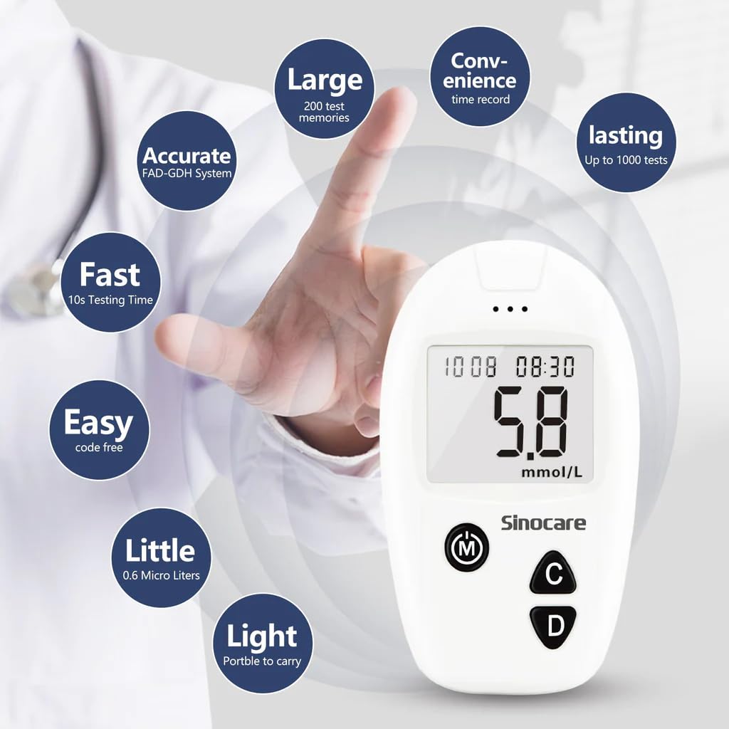 Sinocare Safe Accu Glucometer Kit | Code-Free Blood Glucose Monitor with 200 Memory, 10-Second Results & Large Display