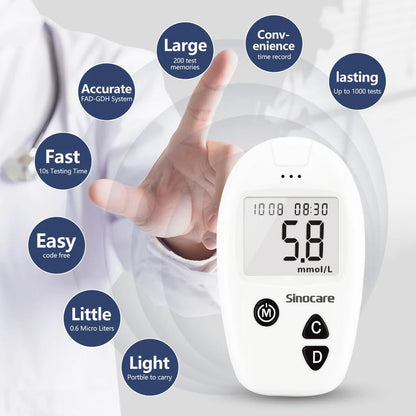 Sinocare Safe Accu Glucometer Kit | Code-Free Blood Glucose Monitor with 200 Memory, 10-Second Results & Large Display