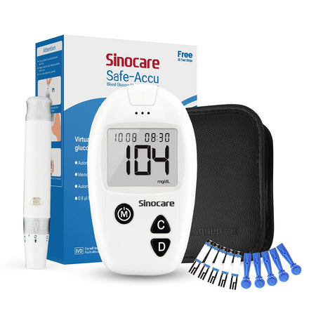 Sinocare Safe Accu Glucometer Kit | Code-Free Blood Glucose Monitor with 200 Memory, 10-Second Results & Large Display