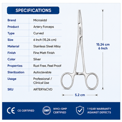 Microsidd stainless steel curved artery forceps specifications