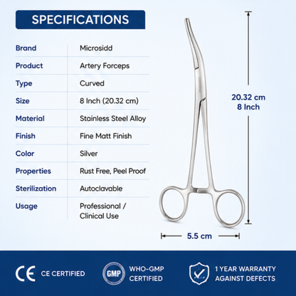 Microsidd Artery Forceps 8 Inch Curved | Stainless Steel Hemostatic Forceps
