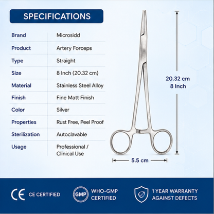 Microsidd Artery Forceps 8 Inch Straight | Stainless Steel Hemostatic Forceps