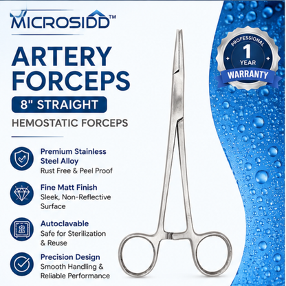Microsidd Artery Forceps 8 Inch Straight | Stainless Steel Hemostatic Forceps