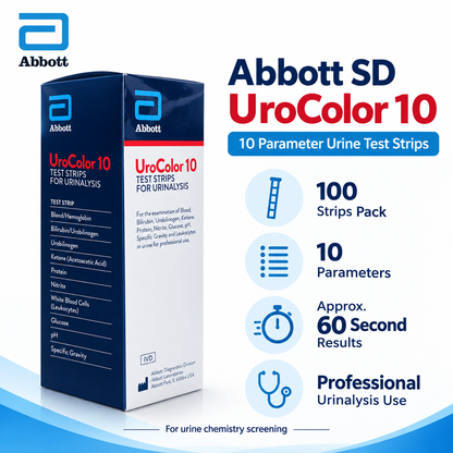 Buy Abbott SD UroColor 10 urine test strips, 100 pack for 10-parameter urinalysis. Visual or compatible analyzer reading. Fast metro delivery from Microsidd