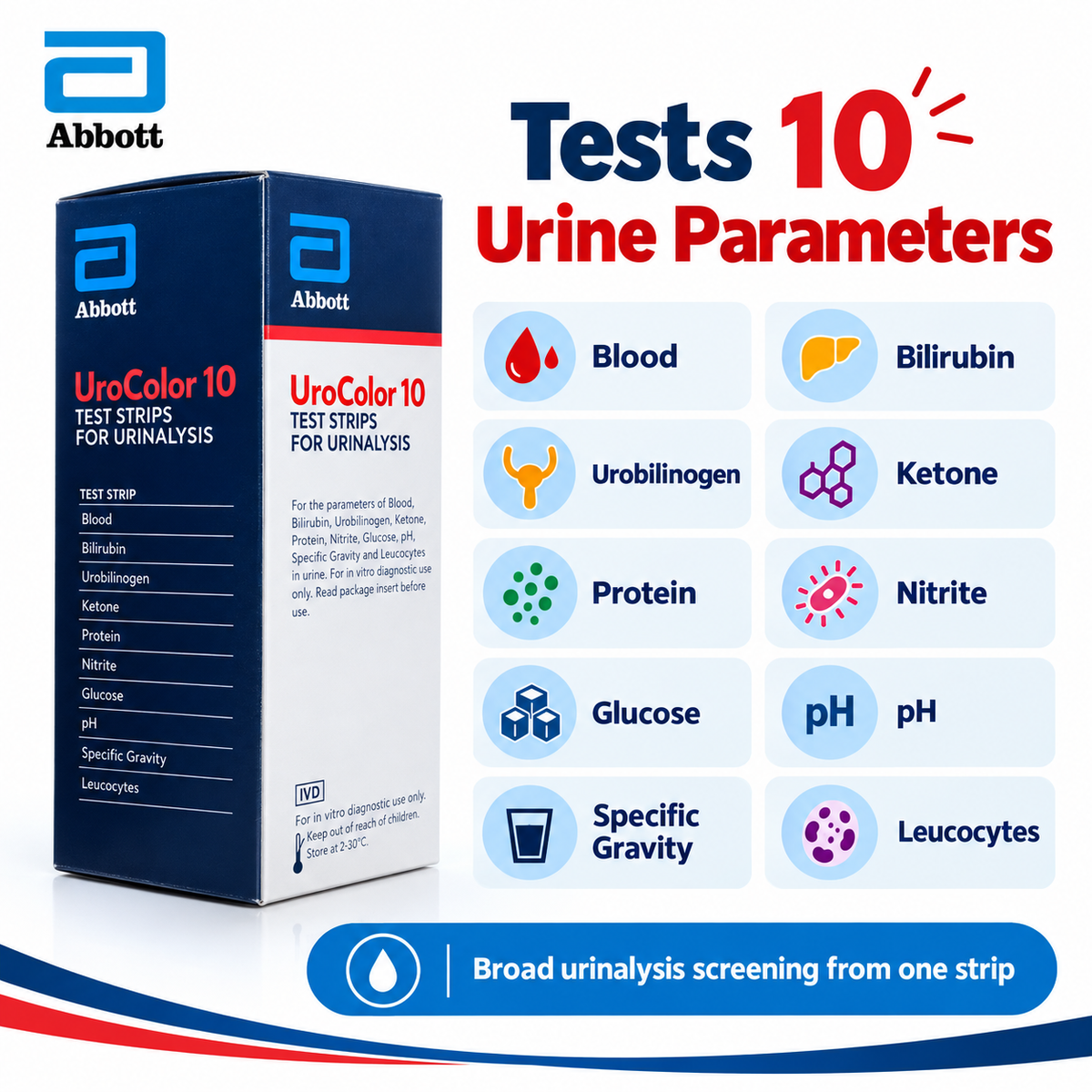 Buy Abbott SD UroColor 10 urine test strips, 100 pack for 10-parameter urinalysis. Visual or compatible analyzer reading. Fast metro delivery from Microsidd