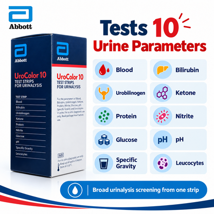 Buy Abbott SD UroColor 10 urine test strips, 100 pack for 10-parameter urinalysis. Visual or compatible analyzer reading. Fast metro delivery from Microsidd