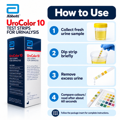 how to use Abbott SD UroColor 10 urine test strips, 100 pack for 10-parameter urinalysis. Visual or compatible analyzer reading. Fast metro delivery from Microsidd