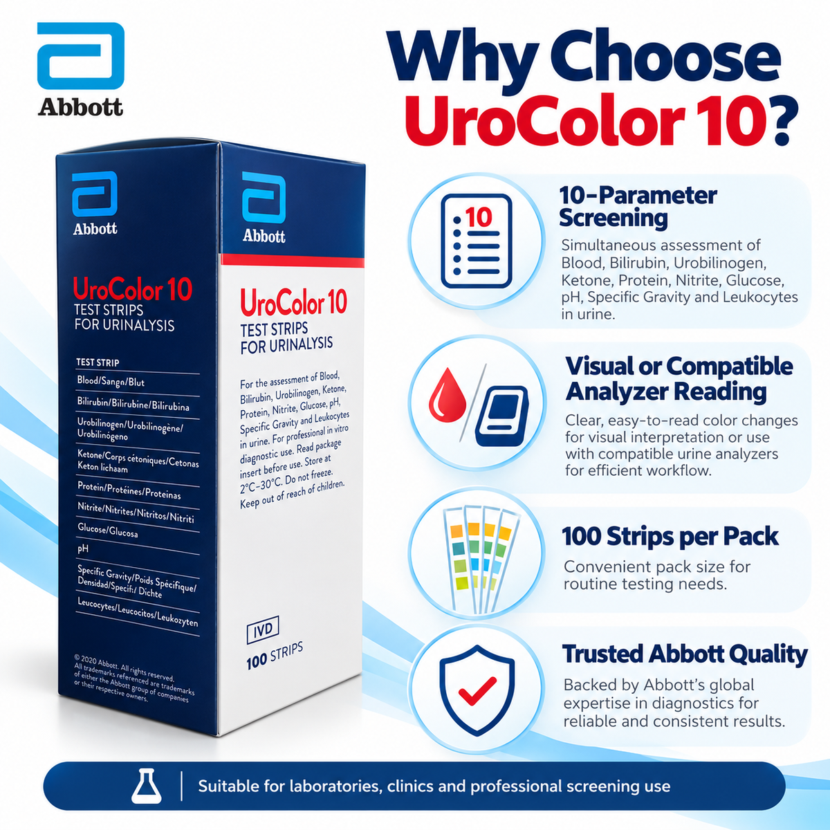 Buy Abbott SD UroColor 10 urine test strips, 100 pack for 10-parameter urinalysis. Visual or compatible analyzer reading. Fast metro delivery from Microsidd