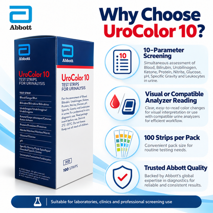 Buy Abbott SD UroColor 10 urine test strips, 100 pack for 10-parameter urinalysis. Visual or compatible analyzer reading. Fast metro delivery from Microsidd