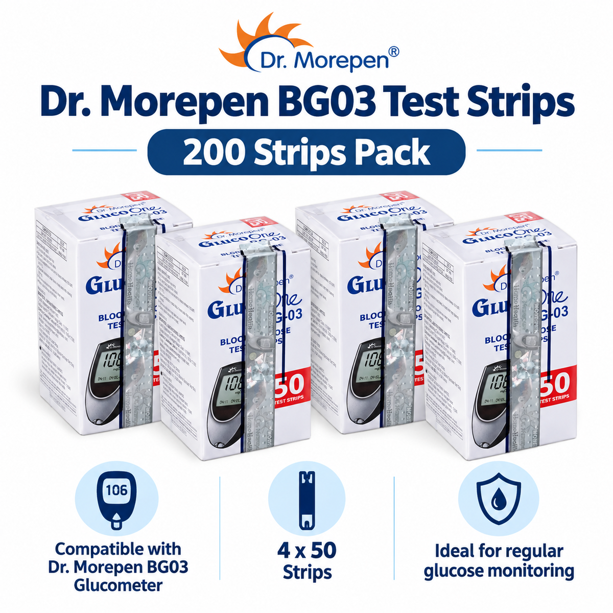 Dr. Morepen BG03 Test Strips 200 50×4 Packs Microsidd 1