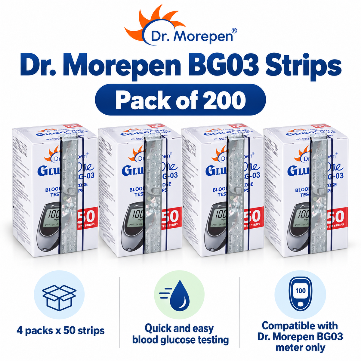 Dr. Morepen BG03 Test Strips 200 50×4 Packs Microsidd 1