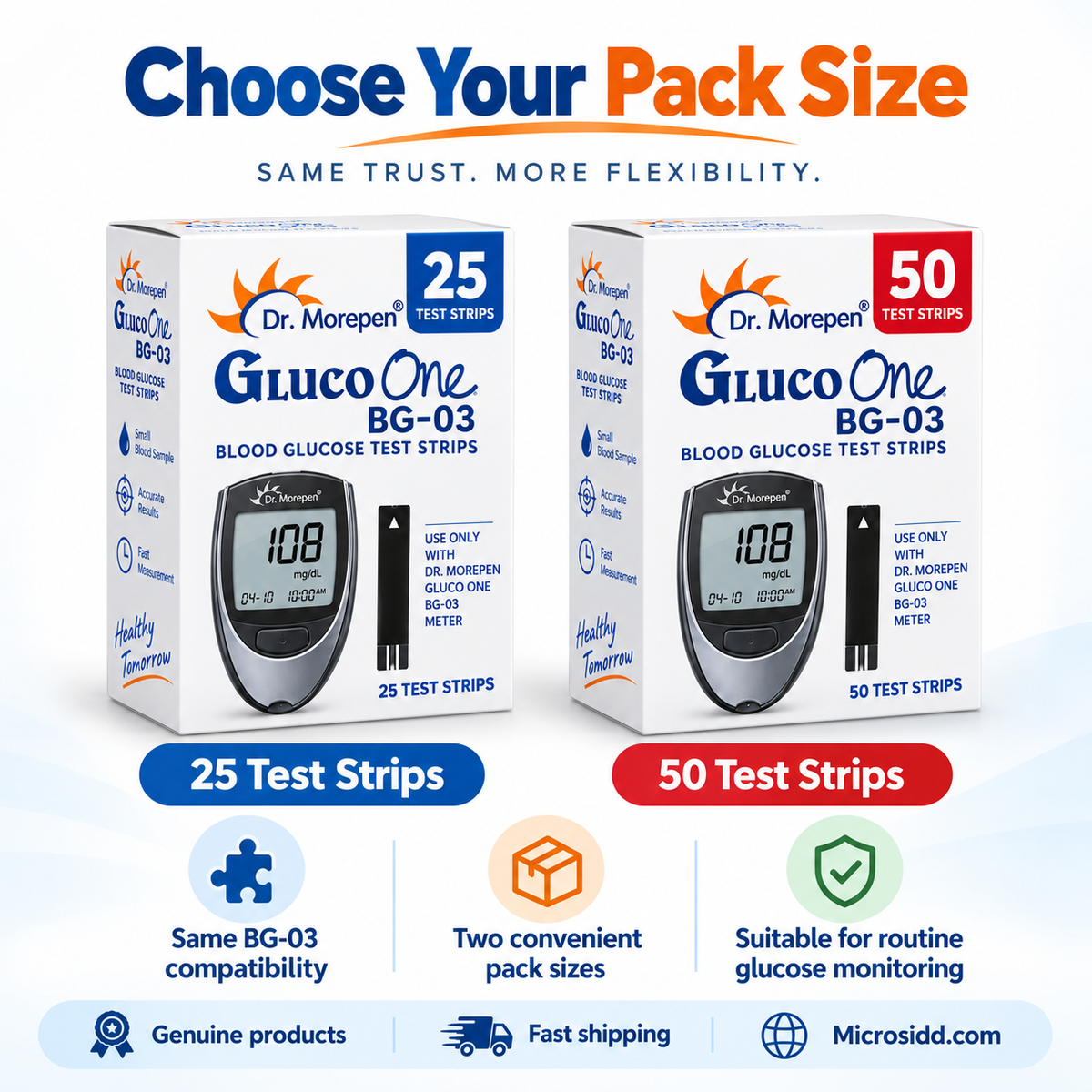 Dr. Morepen BG03 Test Strips 25, 50 & 100 | Microsidd