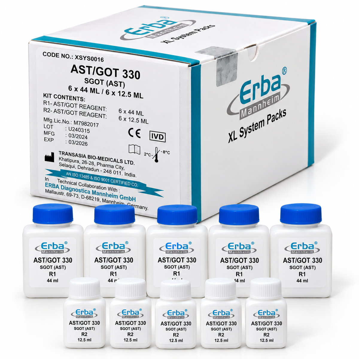 Erba AST GOT 330 SGOT Reagent System Pack R1 6 x 44 ml R2 6 x 12.5 ml Modified IFCC method for Erba XL analyser