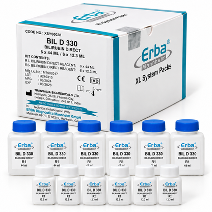 Erba BIL D 330 Bilirubin Direct Reagent System Pack R1 6 x 44 ml R2 6 x 12.3 ml Walter Gerard method for Erba XL analyser