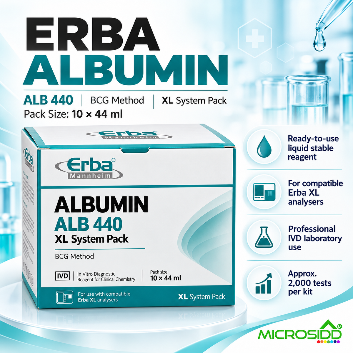 Erba ALB 440 Albumin Reagent System Pack 10 x 44 ml BCG method for Erba XL clinical chemistry analyser