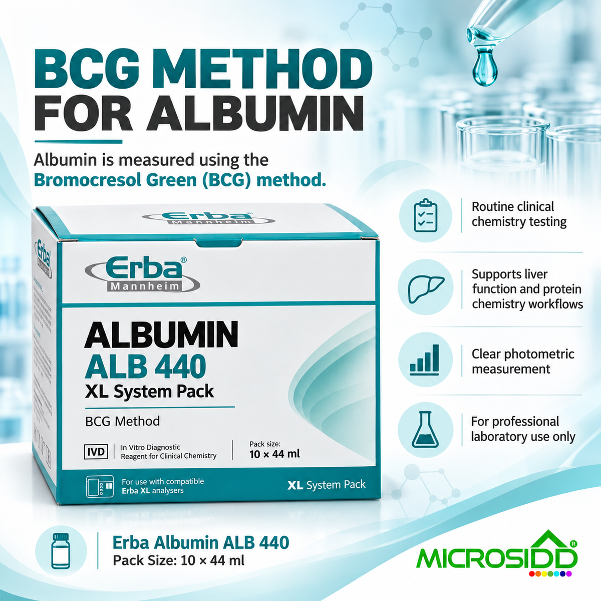 Erba ALB 440 Albumin Reagent System Pack 10 x 44 ml BCG method for Erba XL clinical chemistry analyser