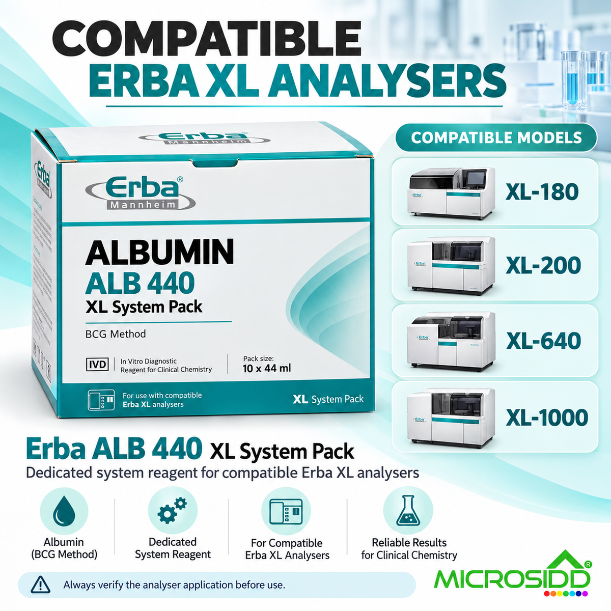Erba ALB 440 Albumin Reagent System Pack 10 x 44 ml BCG method for Erba XL clinical chemistry analyser