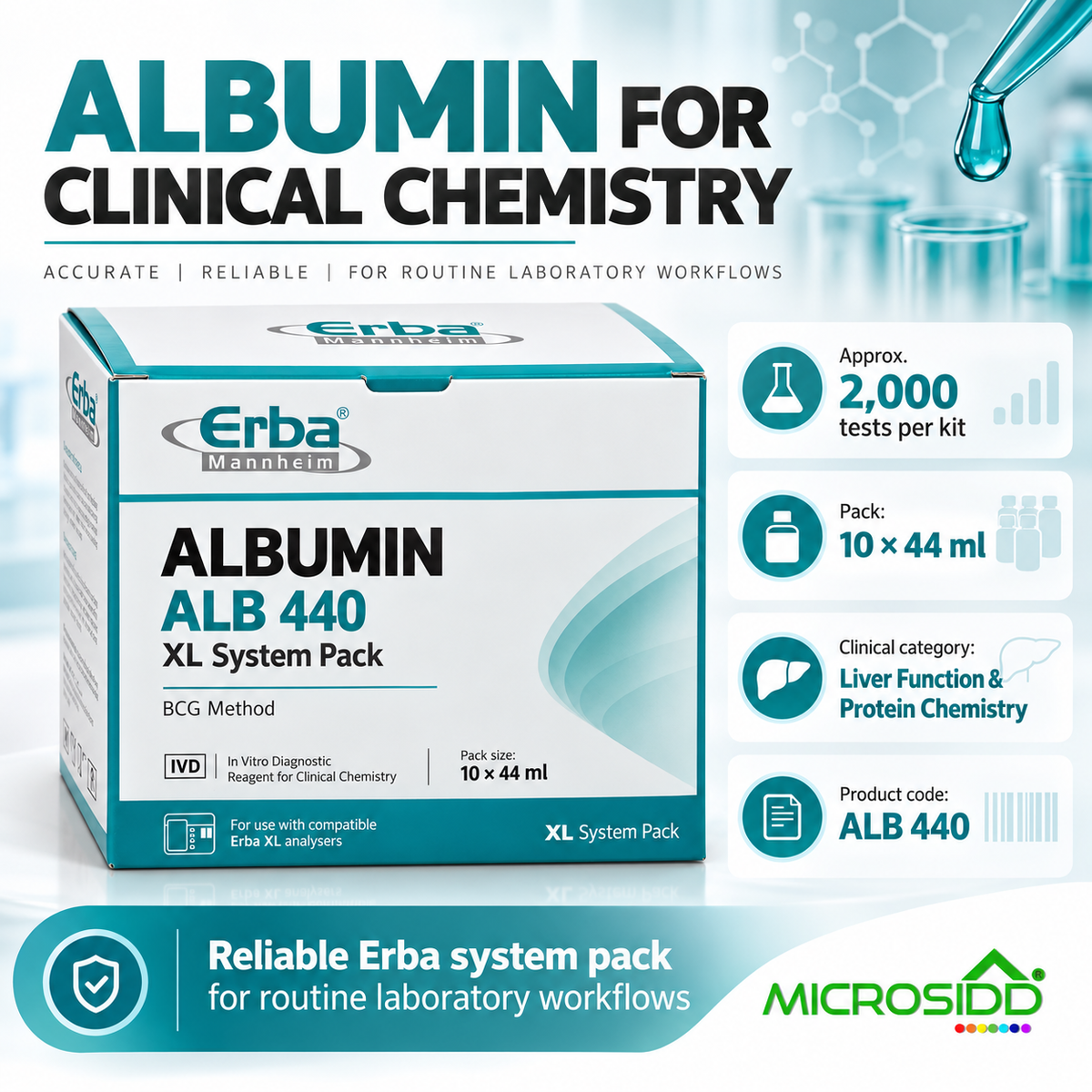 Erba ALB 440 Albumin Reagent System Pack 10 x 44 ml BCG method for Erba XL clinical chemistry analyser