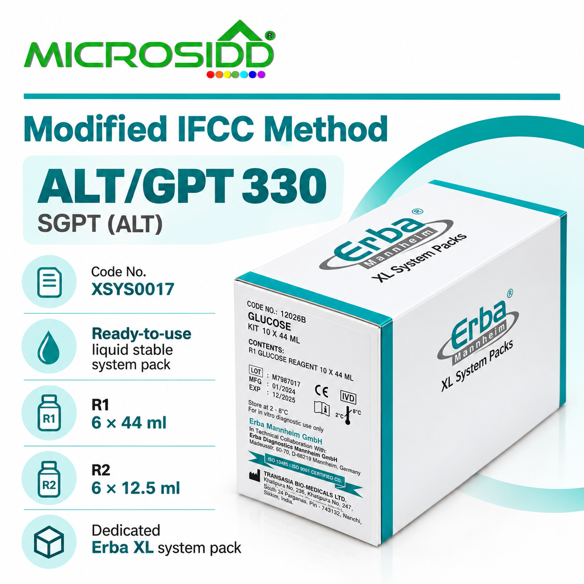 Microsidd Modified IFCC Method ALT/GPT 330 SGPT (ALT) Erba XL system pack box shown on a white background with product information callouts on the left.