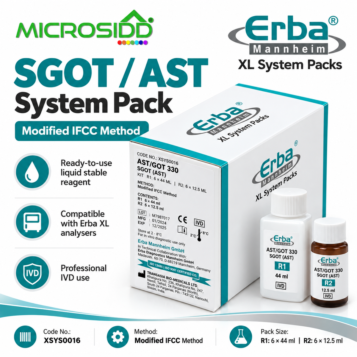 Microsidd Erba Mannheim SGOT/AST System Pack XL, featuring a white and teal box with two bottles (R1 and R2) of liquid stable reagent, displayed with product features and compatibility icons on a white background.