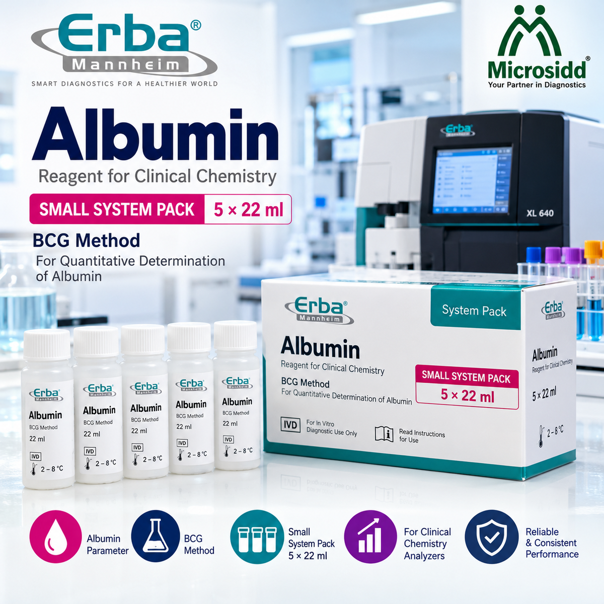Erba Albumin small system pack 5 x 22 ml BCG method professional clinical chemistry reagent