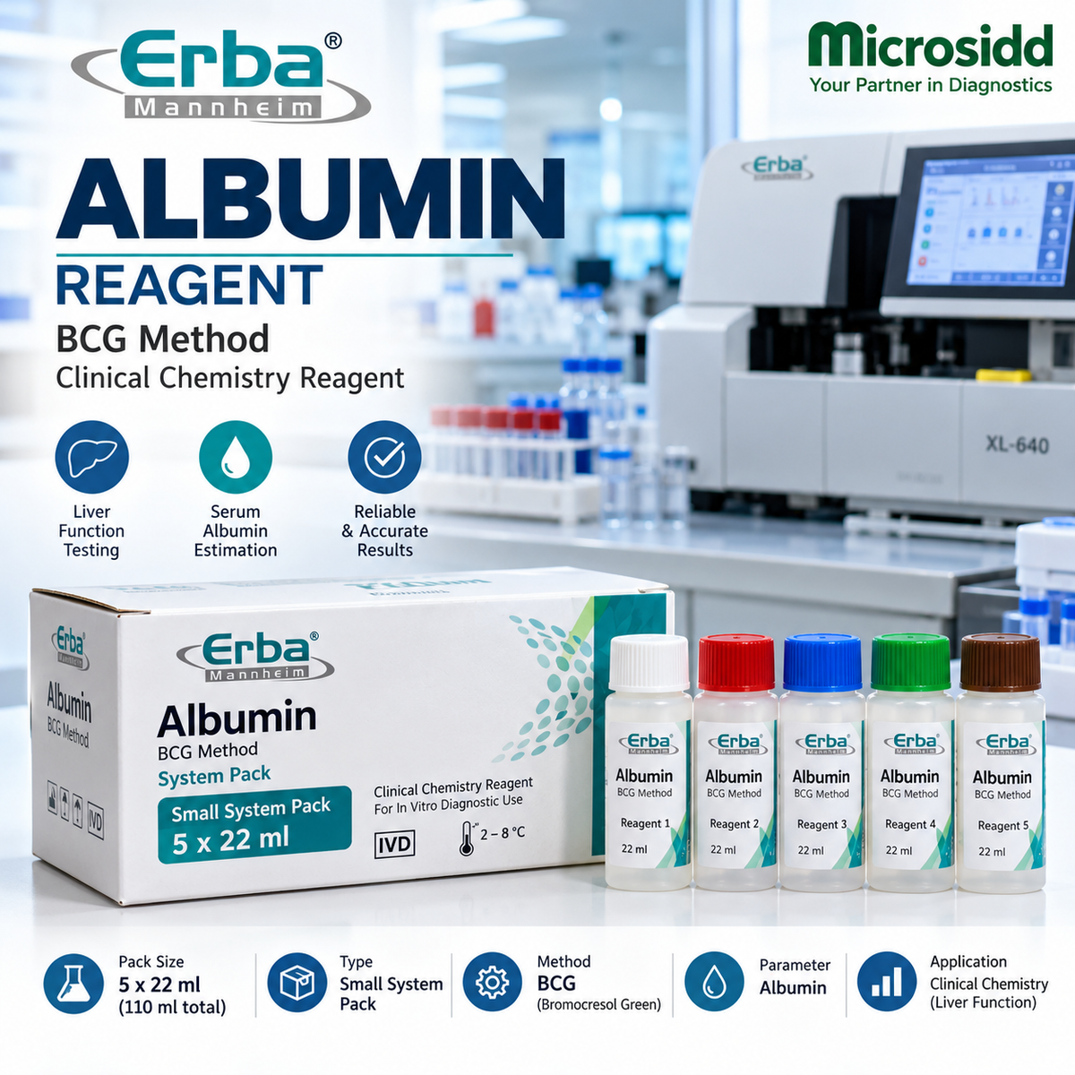 Erba Albumin small system pack 5 x 22 ml BCG method professional clinical chemistry reagent