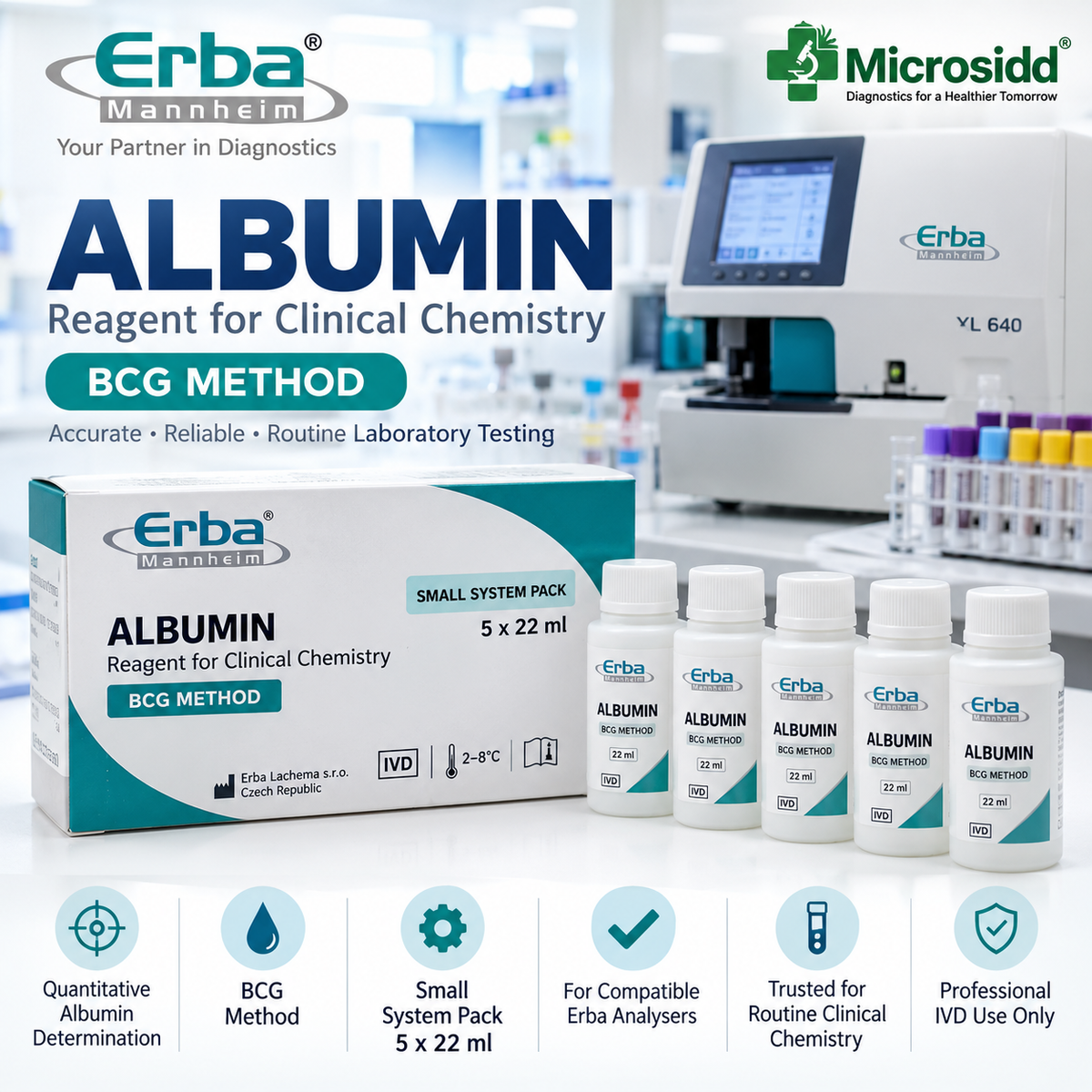 Erba Albumin small system pack 5 x 22 ml BCG method professional clinical chemistry reagent